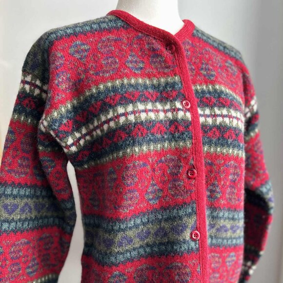 Vintage Simons Cerise & Multicolor Fair Isle Pure Shetland Wool Cardigan – US L - Picture 2 of 14
